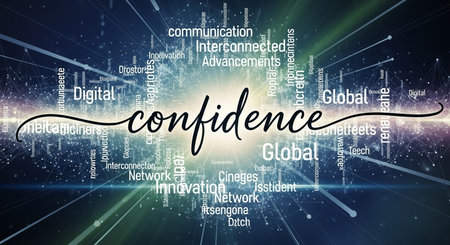 Confidence word cloud concept illustration on dark background with glowing light effectsの素材