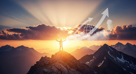 Businessman standing on top of a mountain with his hands raised upの素材