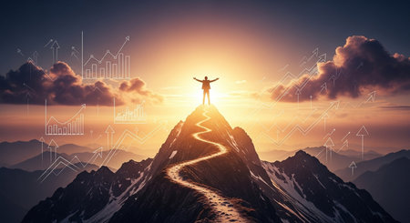 Businessman standing on top of a mountain and looking up at the skyの素材