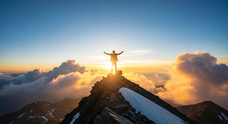 Silhouette of a man on top of the mountain at sunset. The concept of victory and successの素材