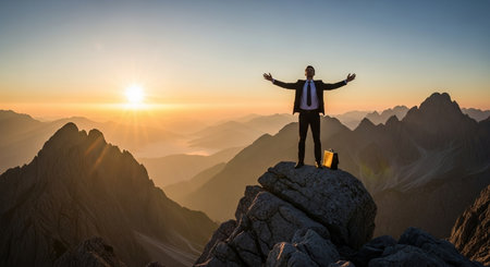 Businessman standing on top of a mountain and looking at the sunriseの素材