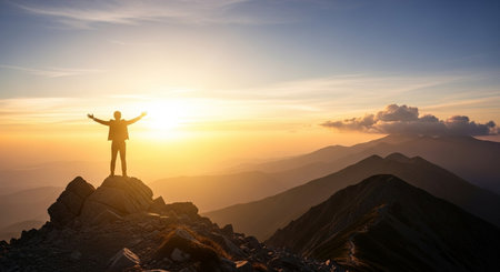 Silhouette of a hiker standing on top of a mountain at sunsetの素材