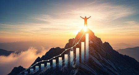 Conceptual image of businessman standing on top of a mountain with rising graphの素材
