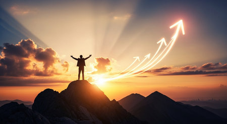 Silhouette of a successful businessman standing on top of a mountain with rising arrow pointing upwardの素材