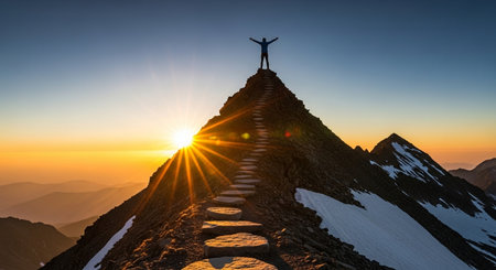 Silhouette of a man standing on top of a mountain.の素材