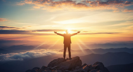 Silhouette of a man standing on the top of the mountain and looking at the sunsetの素材