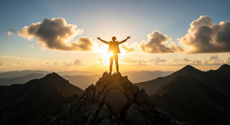 Silhouette of a man with raised hands standing on the top of the mountain.の素材