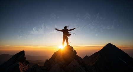 Silhouette of man with arms outstretched standing on top of mountainの素材