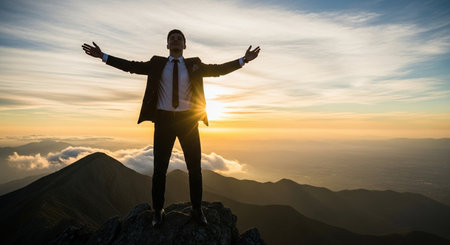 Successful businessman standing on top of a mountain and raising his hands upの素材