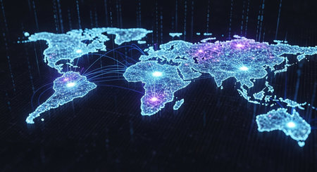 Digital world map with glowing digital connections on dark background 3D renderingの素材