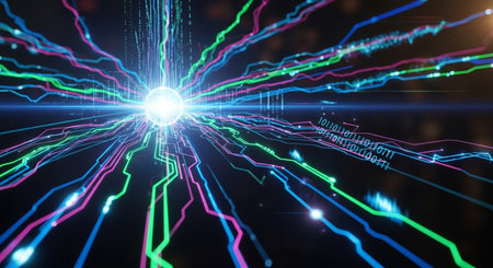 Abstract technology background with glowing lines and bokeh. 3D Renderingの素材