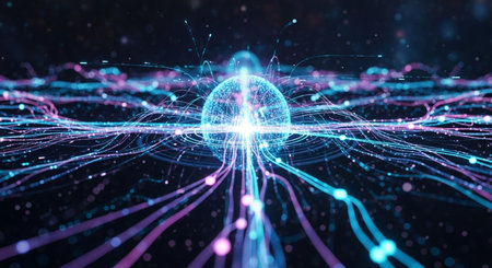 3d illustration of abstract digital hologram with particles and connection lines on dark backgroundの素材