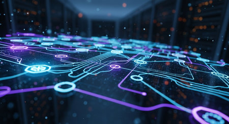 Futuristic circuit board hologram on server room background 3D renderingの素材