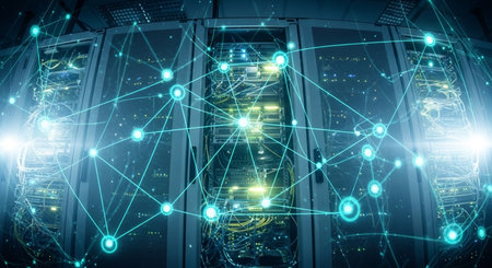 Network and internet of things against server room in data center 3dの素材