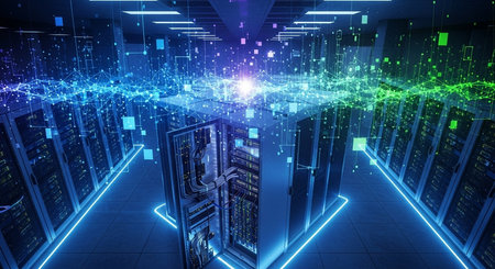 Server room data center with bright lights 3D rendering toned imageの素材