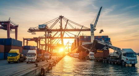 Container Cargo freight ship with working crane bridge at sunset for Logistic Import Export backgroundの素材