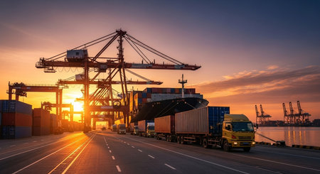 Container Cargo freight ship with working crane bridge at dusk for Logistic Import Export backgroundの素材