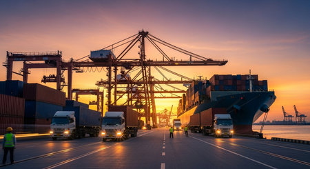 Panoramic view of Container Cargo freight ship with working crane bridge at dusk for Logistic Import Export backgroundの素材