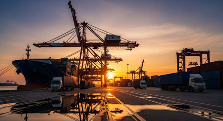 Container Cargo freight ship with working crane bridge at sunset for Logistic Import Export backgroundの素材
