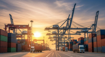 Container Cargo freight ship with working crane bridge at sunset for Logistic Import Export backgroundの素材