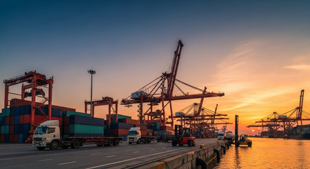 Container Cargo freight ship with working crane bridge at dusk for Logistic Import Export backgroundの素材