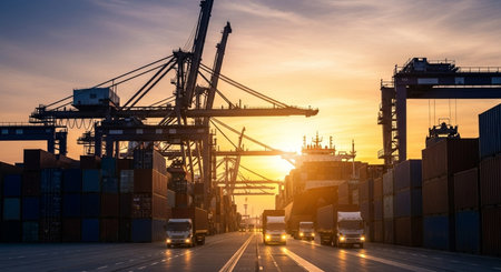 Container Cargo freight ship with working crane bridge at sunset for Logistic Import Export backgroundの素材