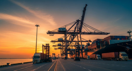Container Cargo freight ship with working crane bridge at dusk for Logistic Import Export backgroundの素材