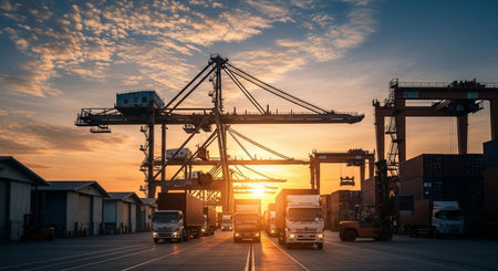 Container Cargo freight ship with working crane bridge at sunset for Logistic Import Export backgroundの素材