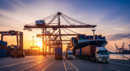 Container Cargo freight ship with working crane bridge at sunset for Logistic Import Export backgroundの素材