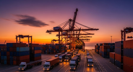 Container Cargo freight ship with working crane bridge at sunset for Logistic Import Export backgroundの素材