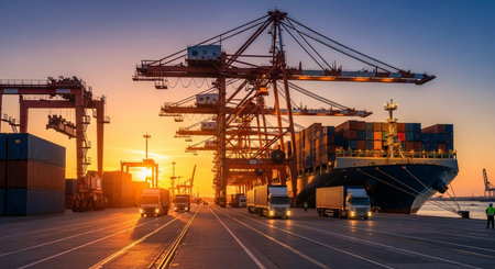 Container Cargo freight ship with working crane bridge at sunset for Logistic Import Export backgroundの素材