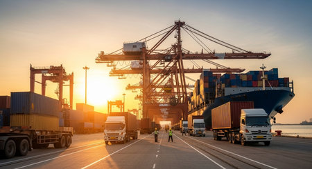 Container Cargo freight ship with working crane bridge at sunset for Logistic Import Export backgroundの素材