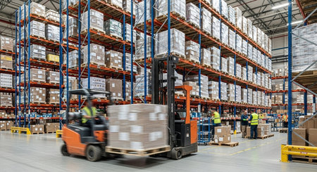 Forklift moving boxes in warehouse. Cargo freight transportation and distribution warehouse.の素材