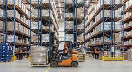 Worker driving forklift in warehouse. This is a freight transportation and distribution warehouse. Industrial and industrial workers conceptの素材