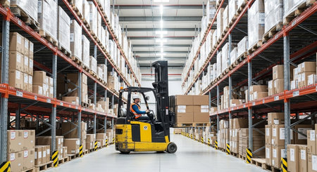 Forklift loader working in warehouse. This is a freight transportation and distribution warehouse. Industrial and industrial workers conceptの素材