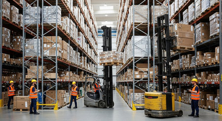Warehouse workers working in a large warehouse. This is a freight transportation and distribution warehouse. Industrial and industrial workers conceptの素材