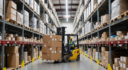 Forklift working in warehouse. This is a freight transportation and distribution warehouse. Industrial and industrial backgroundの素材