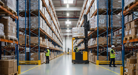 Warehouse workers working in a large warehouse. This is a freight transportation and distribution warehouse. Industrial and industrial workers conceptの素材