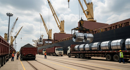 Cargo terminal for loading bulk cargo of iron ore by ship cranes and grabsの素材
