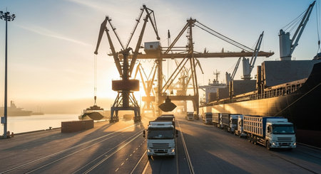 Container Cargo freight ship with working crane bridge for Logistic Import Export backgroundの素材