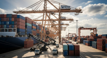 Container Cargo freight ship with working crane bridge for Logistic Import Export backgroundの素材