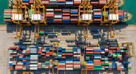 Container Cargo freight ship with working crane bridge for Logistic Import Export backgroundの素材