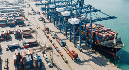 Container terminal for loading bulk cargo of iron ore by ship cranes and grabsの素材