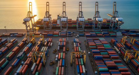 Container Cargo freight ship with working crane bridge at sunset for Logistic Import Export backgroundの素材