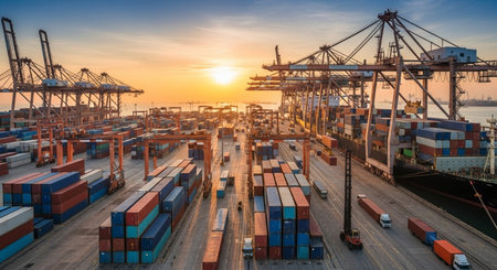 Container Cargo freight ship with working crane bridge at sunset for Logistic Import Export backgroundの素材