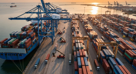 Container Cargo freight ship with working crane bridge at sunset for Logistic Import Export backgroundの素材