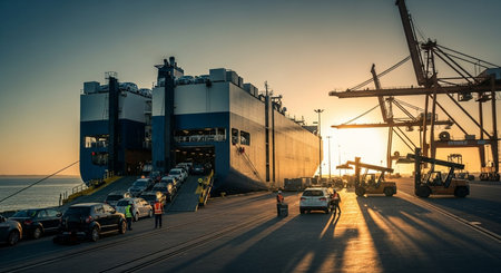 Cargo ship in the port at sunset, Odessa, Ukraineの素材