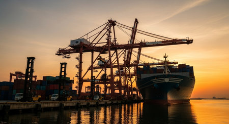 Container Cargo freight ship with working crane bridge at sunset for Logistic Import Export backgroundの素材