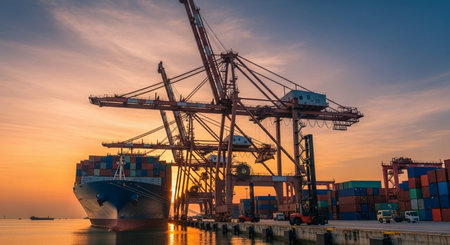 Container Cargo freight ship with working crane bridge at dusk for Logistic Import Export backgroundの素材