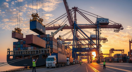 Container Cargo freight ship with working crane bridge at sunset for Logistic Import Export backgroundの素材